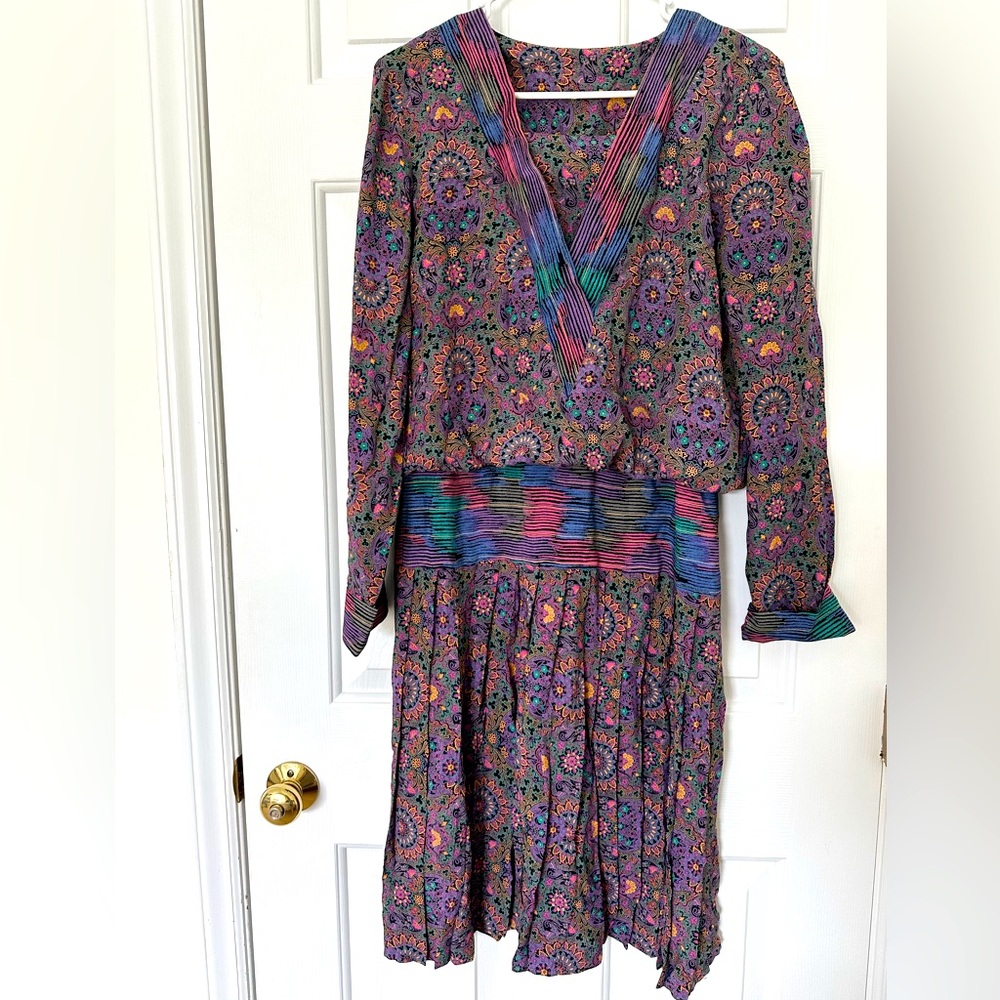 Vintage 80’s Mindy Malone Multi Floral Pleated Midi Dress - Likely Size- M